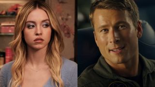 Sydney Sweeney (left) in Season 2, Episode 7 of Euphoria and Glen Powell in Top Gun: Maverick on right.