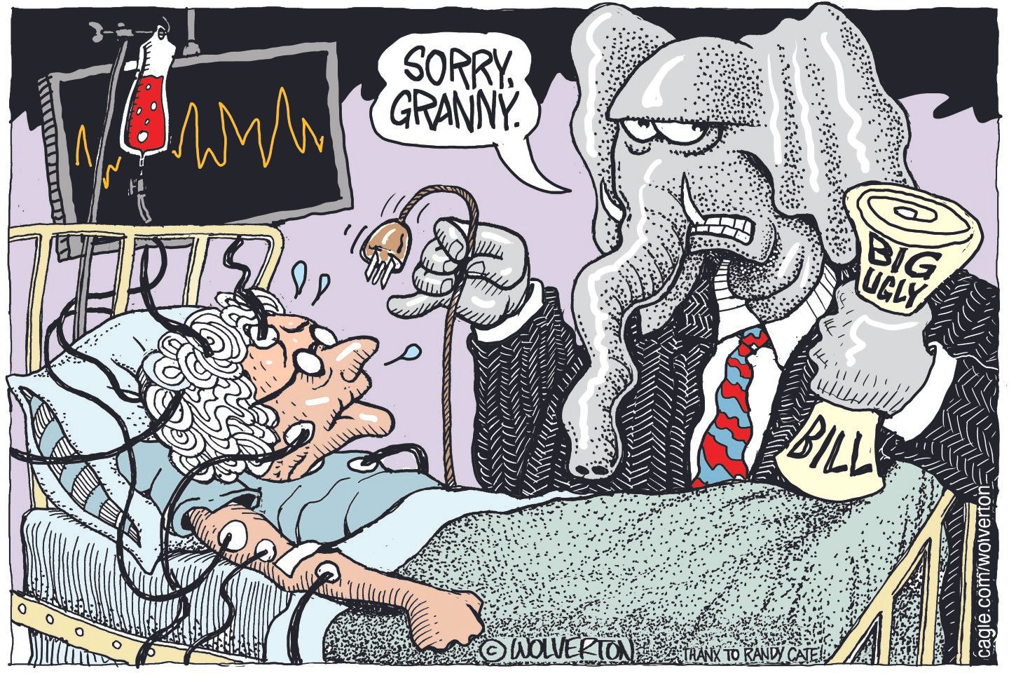 
                                This cartoon depicts an elderly woman in a hospital bed hooked up to many wires. An elephant in a suit holds a bill titled “Big Ugly Bill” and has just pulled the woman’s plug. He says, “Sorry, granny.”
                            