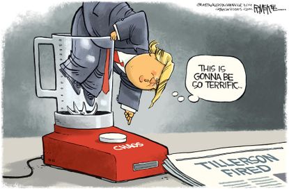 Political cartoon U.S. Trump White House chaos revolving door Rex Tillerson firing