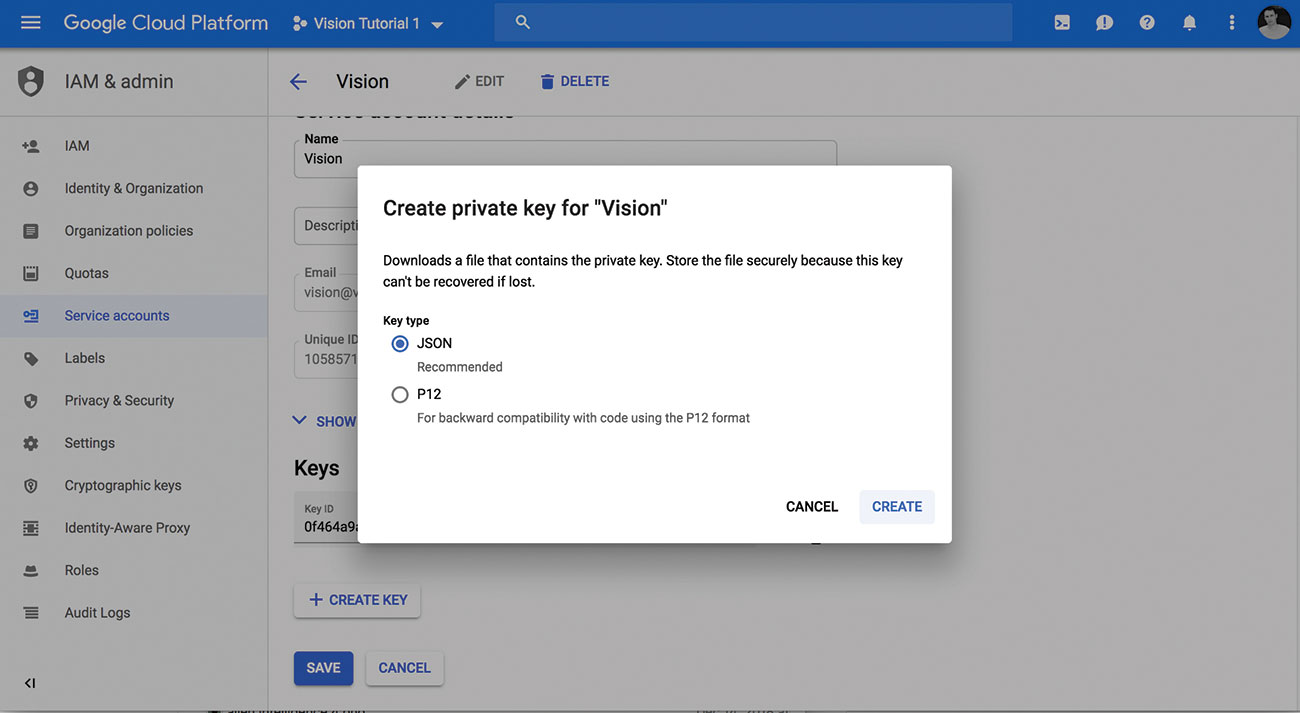 A guide to Google's Cloud Vision: Create a service account