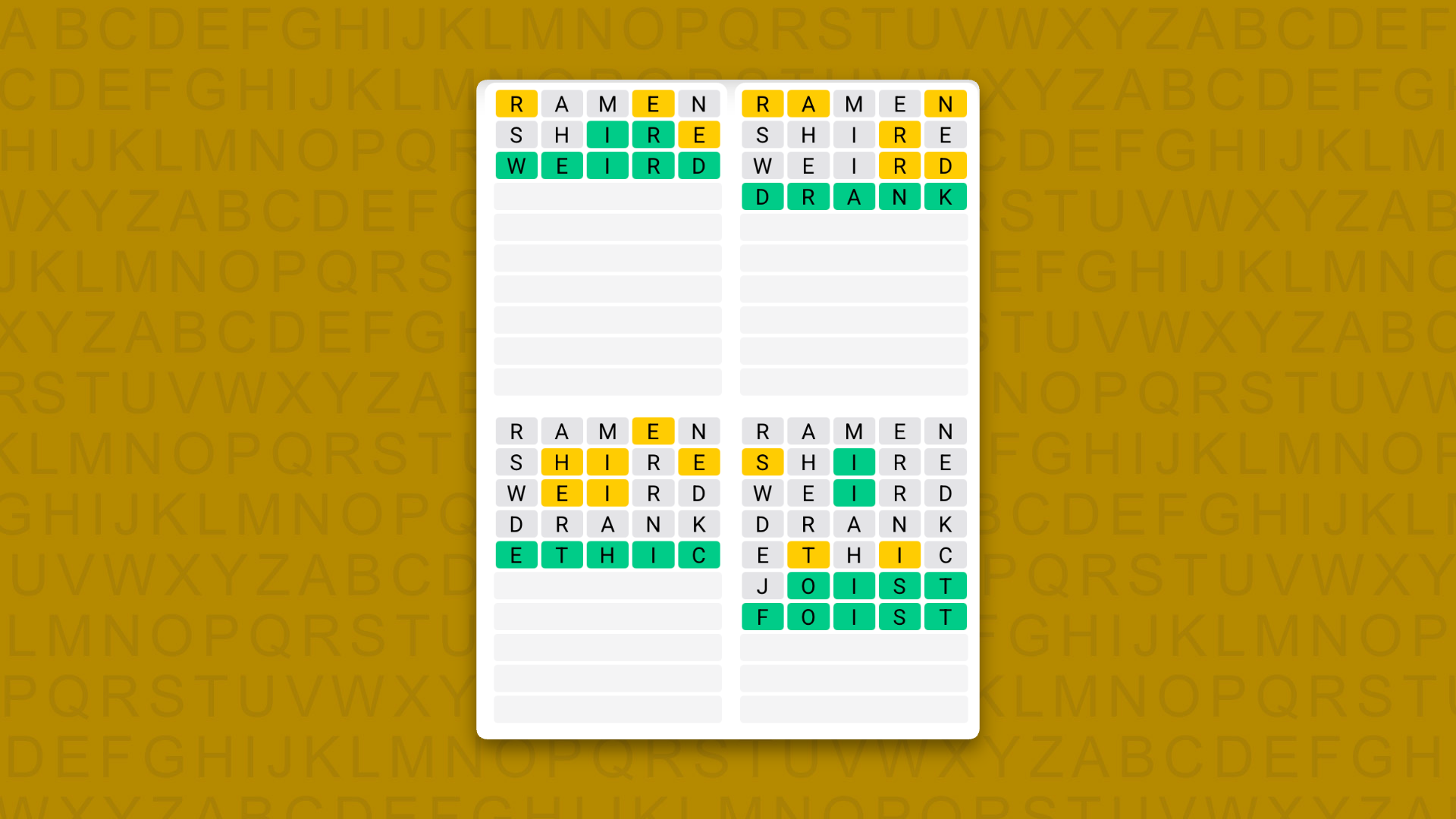 Quordle Daily Sequence answers for game 1656 on a yellow background