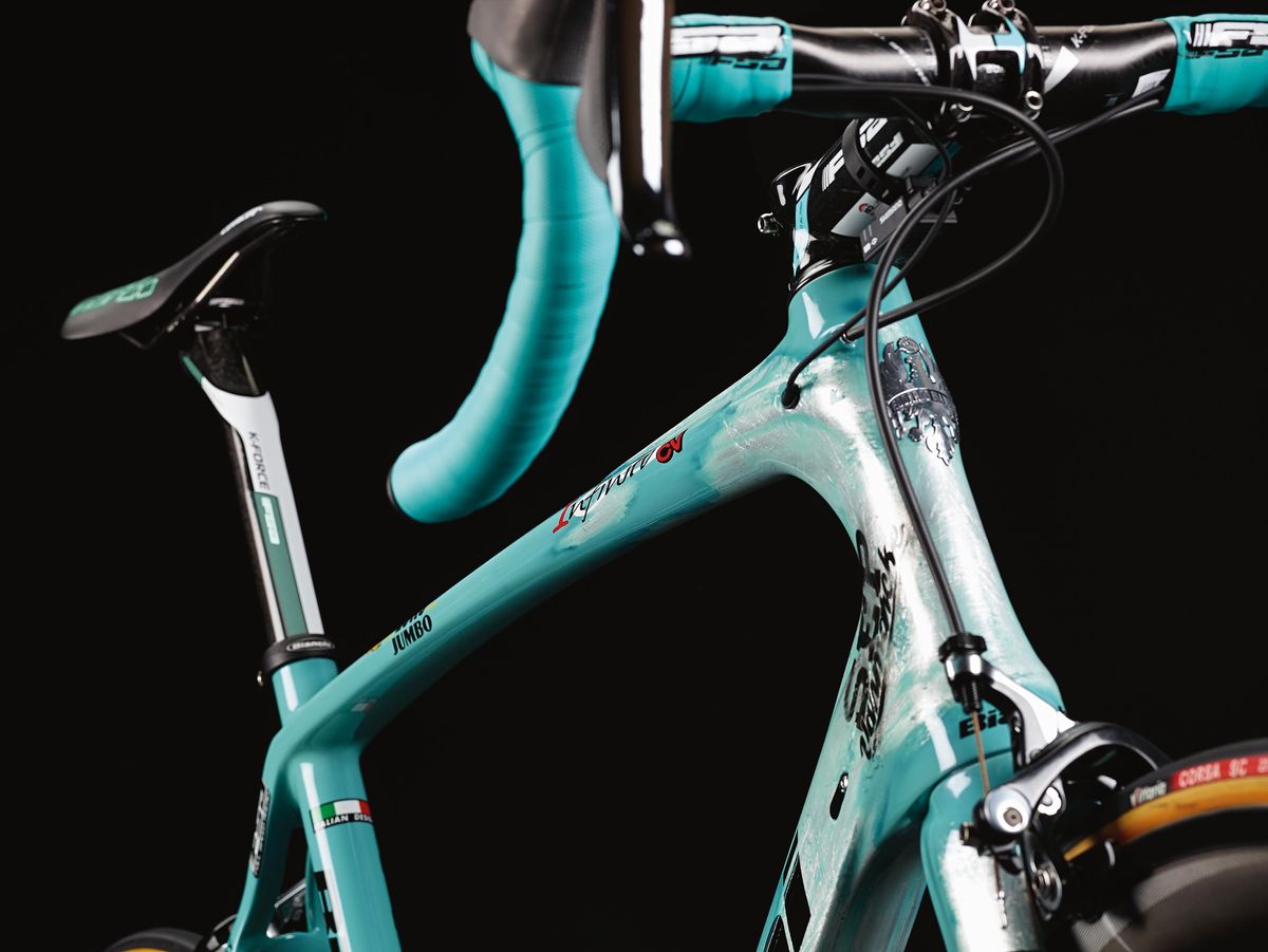 The bike is the iconic Bianche celeste colour with a modern, warn out look twist