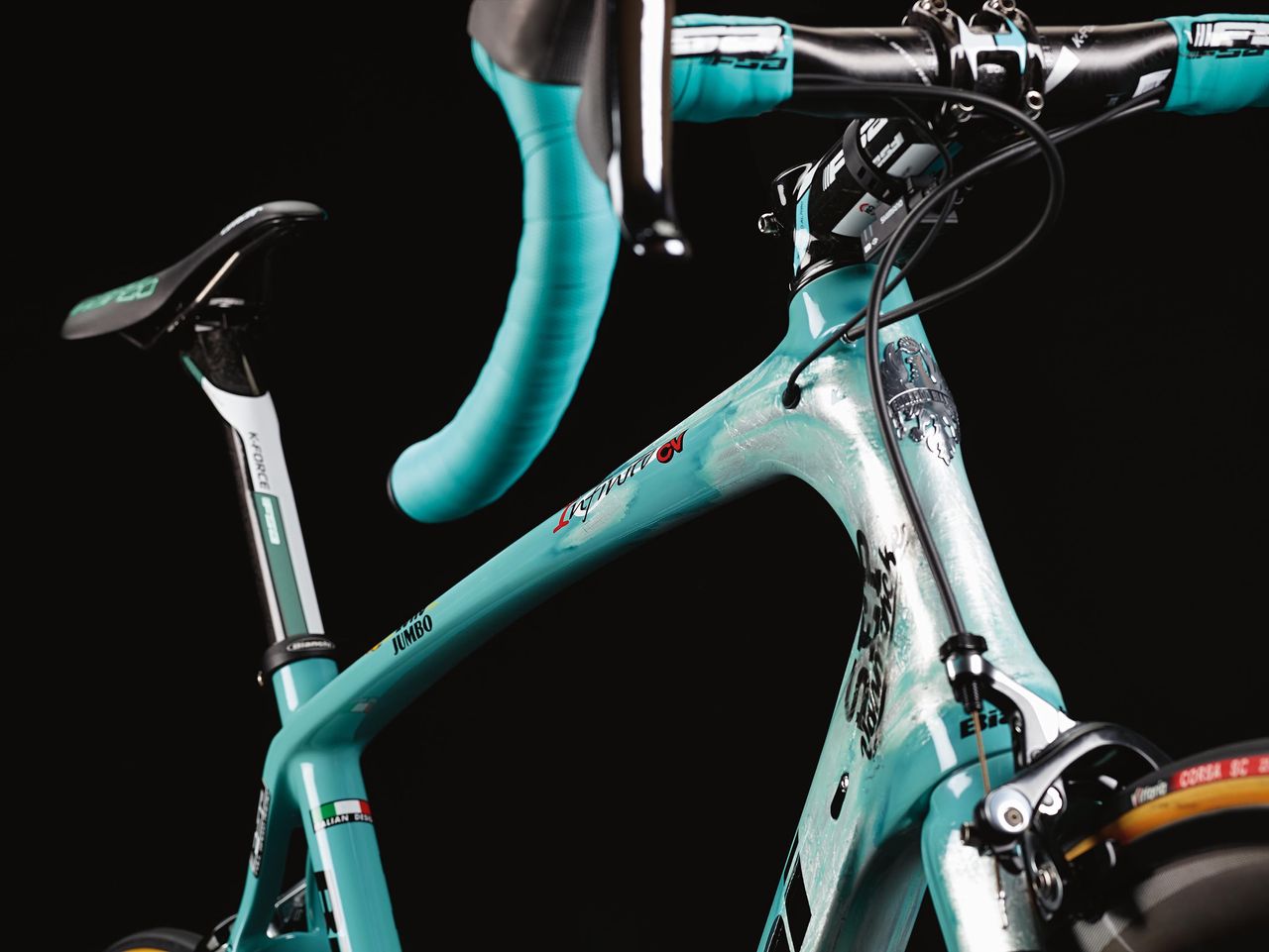 The bike is the iconic Bianche celeste colour with a modern, warn out look twist