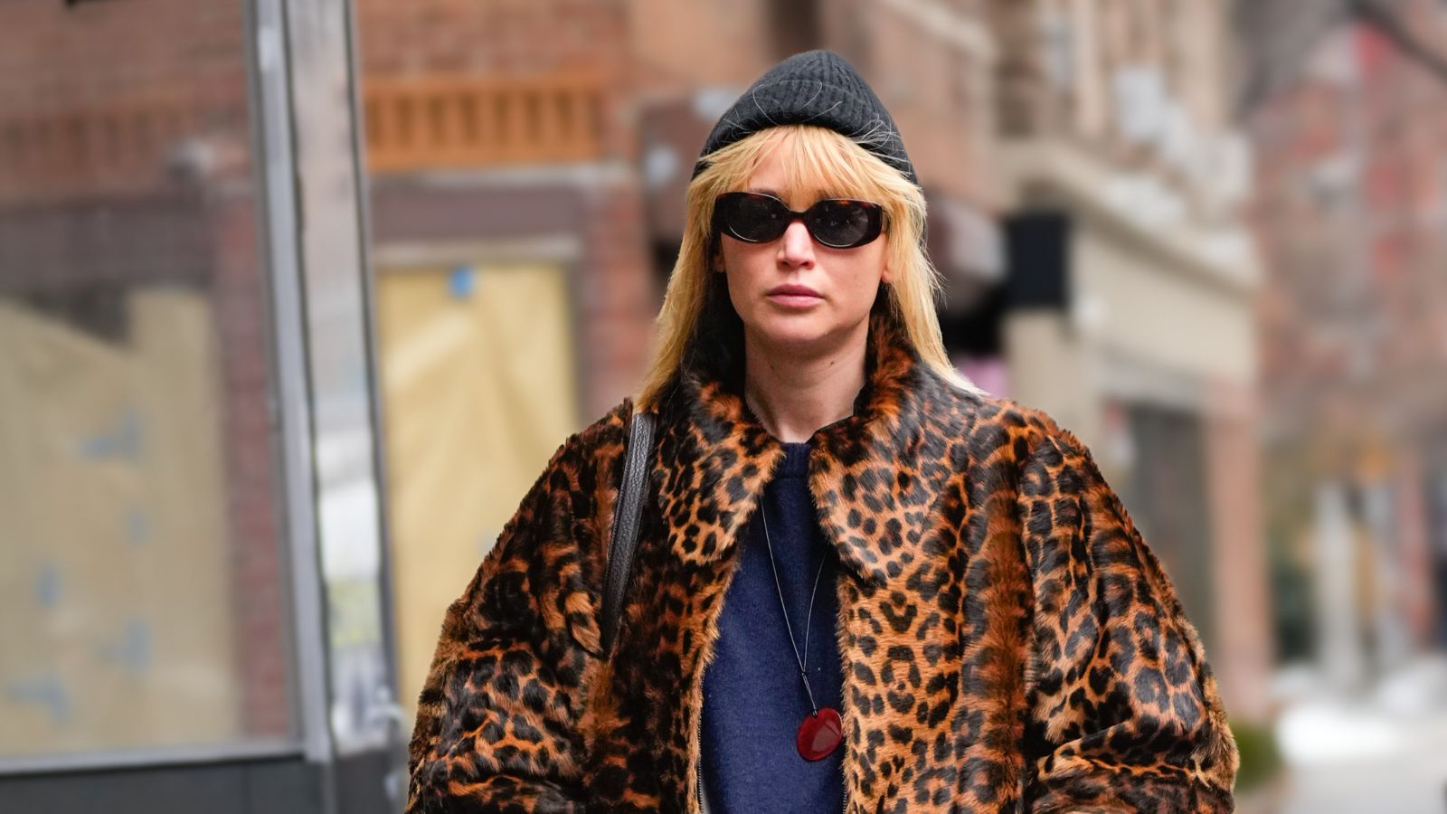Jennifer Lawrence in a leopard print coat