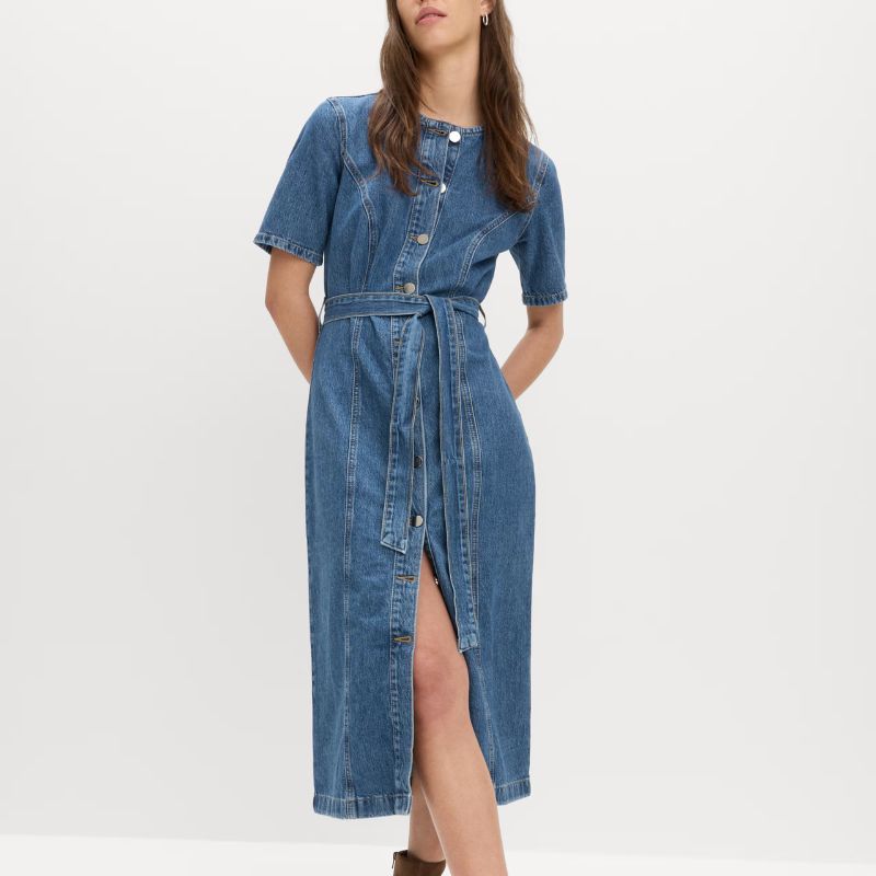 M&amp;amp;S, Denim Button Through Midi Waisted Dress