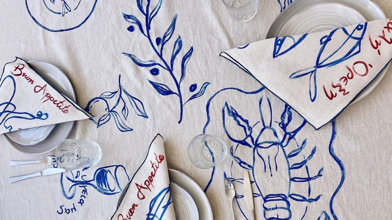 A hand-painted tablecloth