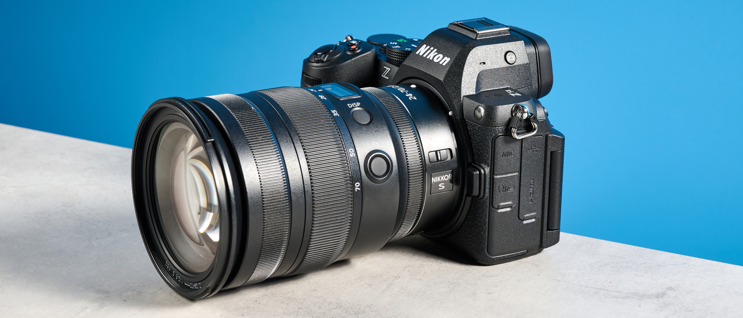 The Nikon Z5II against a blue background