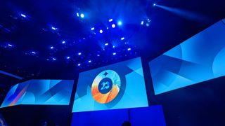 A wide angle shot of the stage at Dell Technologies World, with a stylised circular symbol and the number '23' in the middle