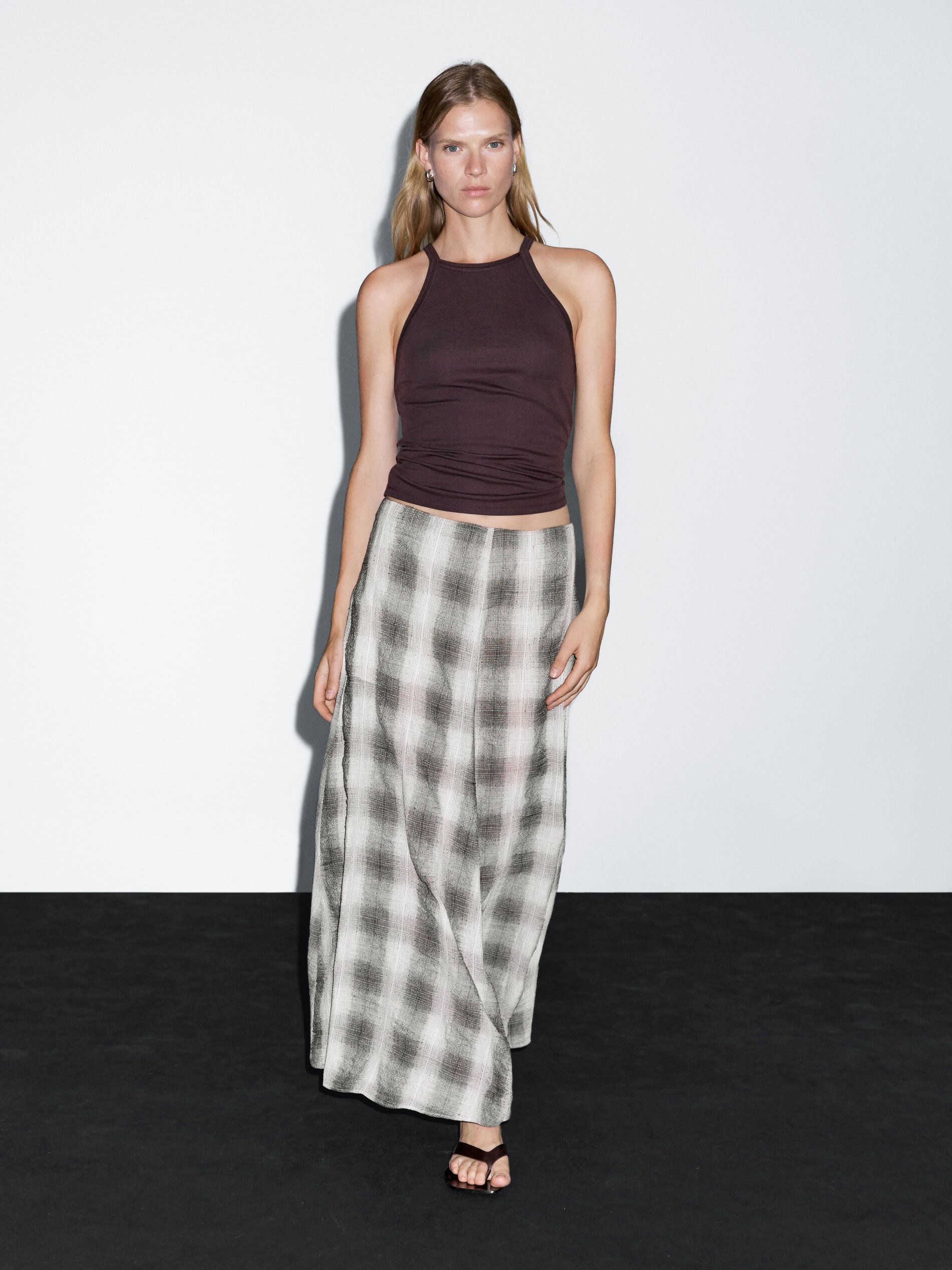 Long Flared Check Skirt