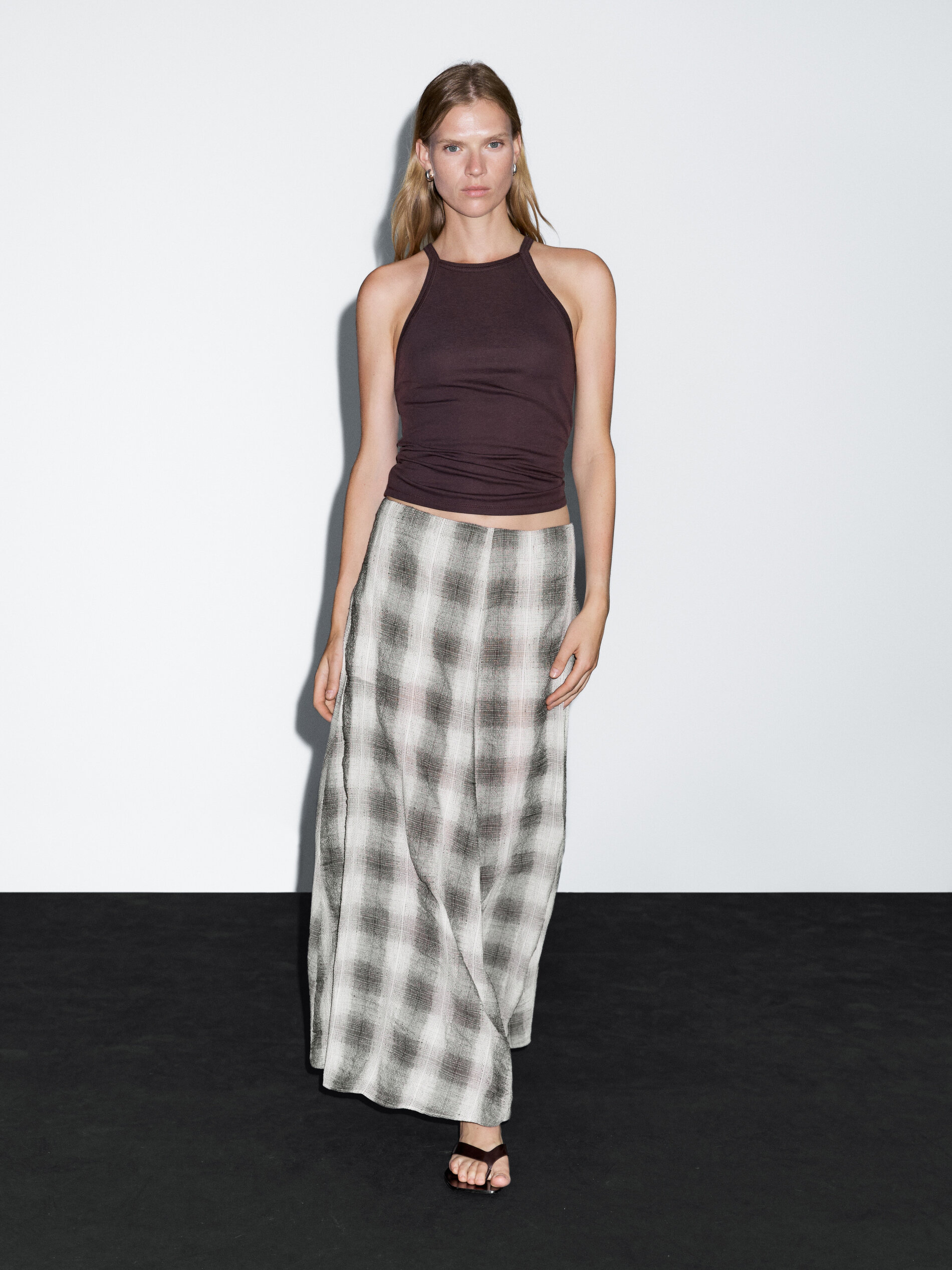 Long Flared Check Skirt