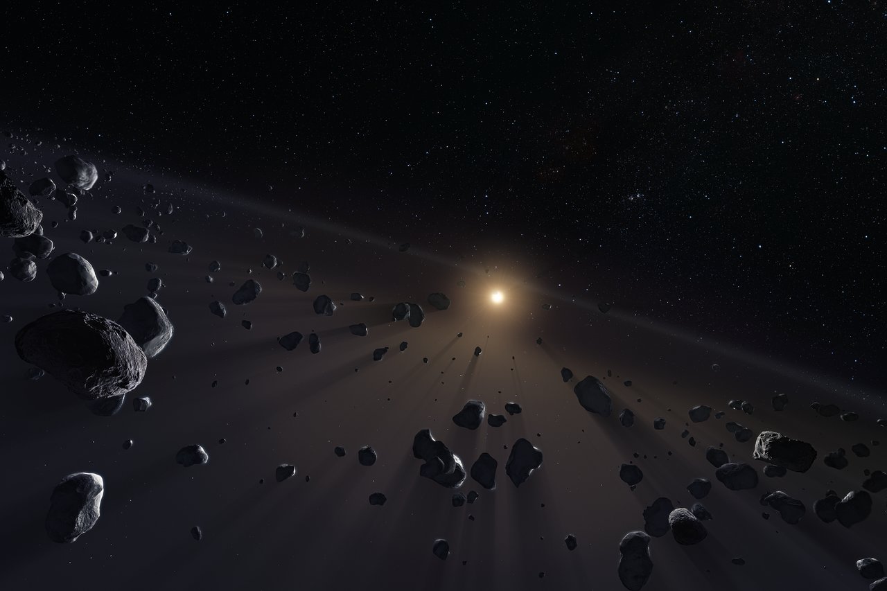 a large group of craggy rocks in space, with a star seen in the distant background