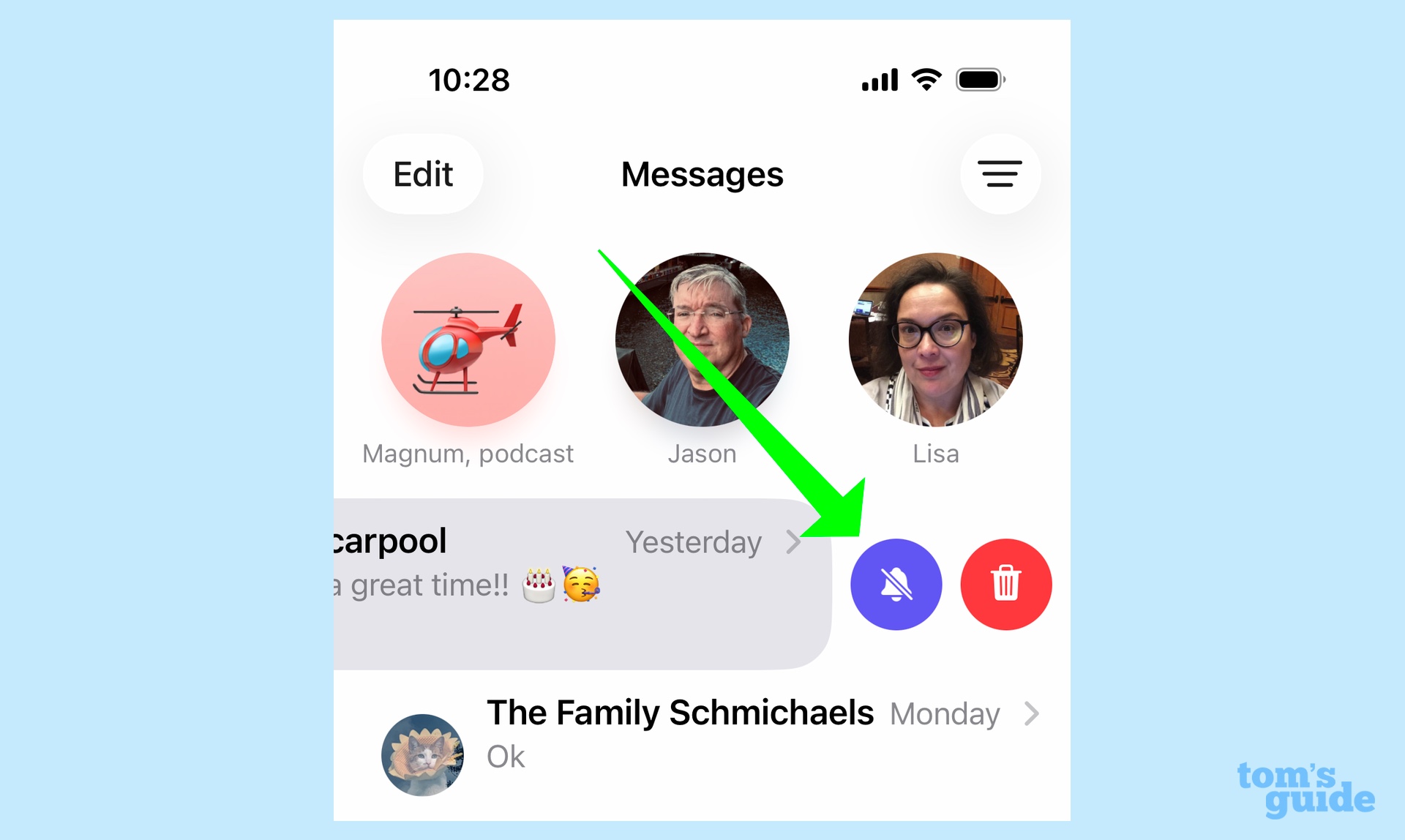 silence alerts in conversations by swiping right and tapping the purple bell