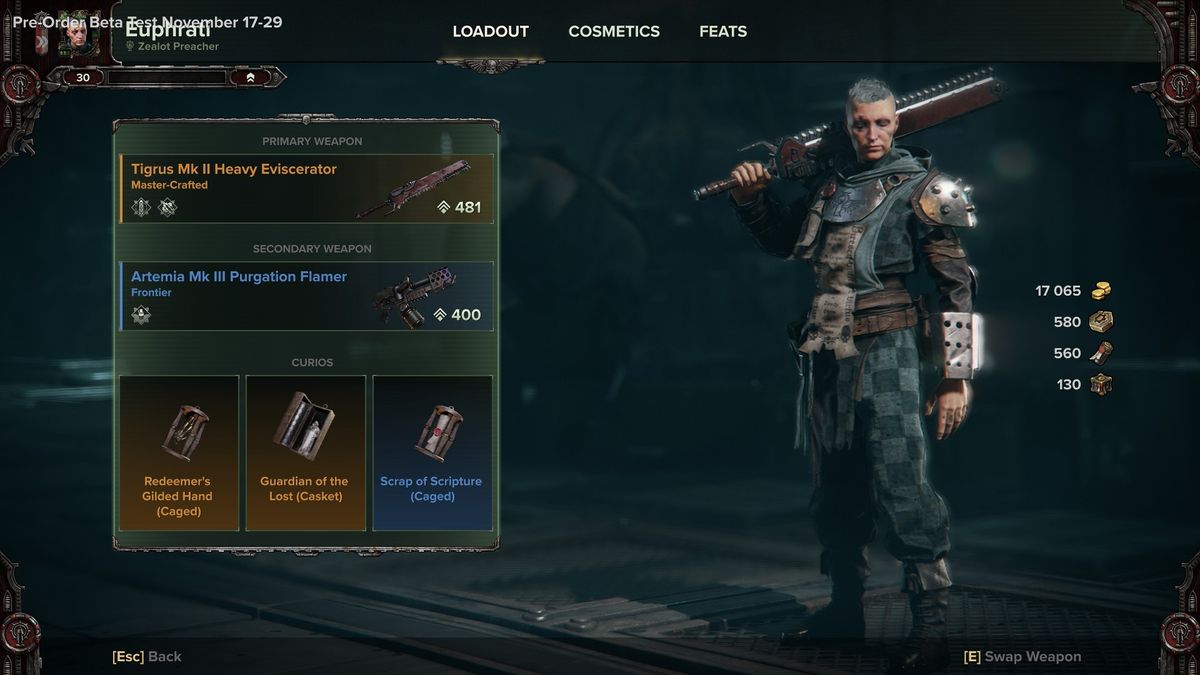 Darktide Zealot build - a level 30 Zealot in the character screen