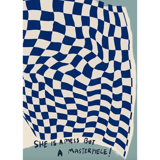 print with a blue checkered print design and quote at the bottom