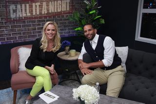 Julie Stewart-Banks (l.) interviews ex-NFL player Ryan Nece on fubo Sports Network’s “Call It a Night.”