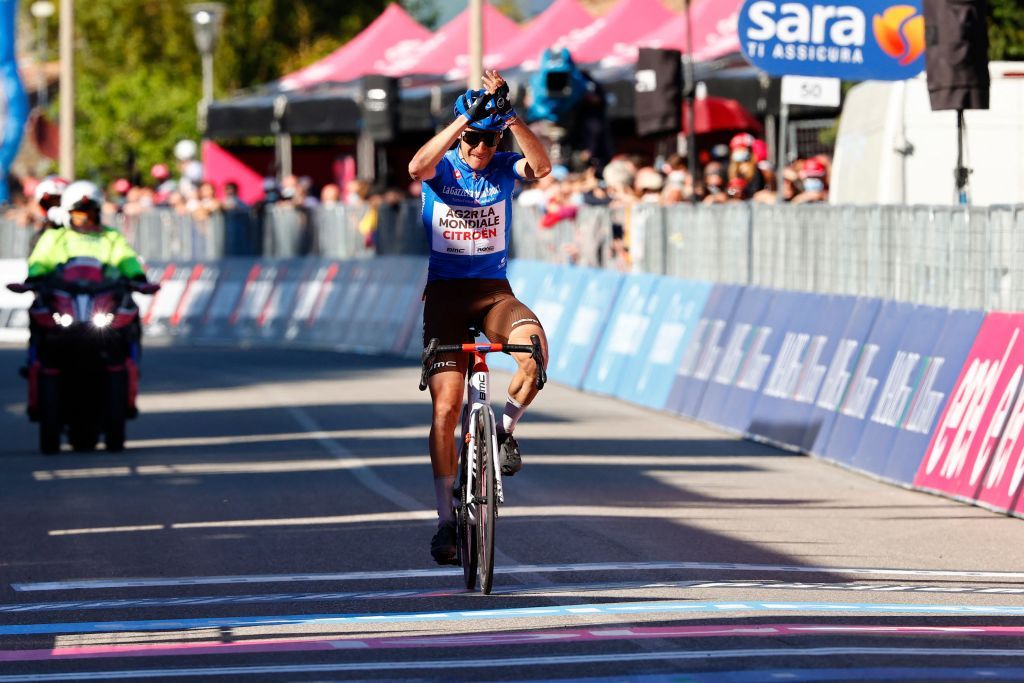 Team AG2R rider Frances Geoffrey Bouchard crosses the finish line of the twelfth stage of the Giro dItalia 2021 cycling race 212 km between Siena and Bagno di Romagna on May 20 2021 Photo by Luca Bettini AFP Photo by LUCA BETTINIAFP via Getty Images