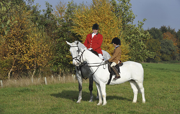 Exchanging wisdom: two immaculate greys ridden by Albi Mann and Dunston Harriers chairman Brian King
