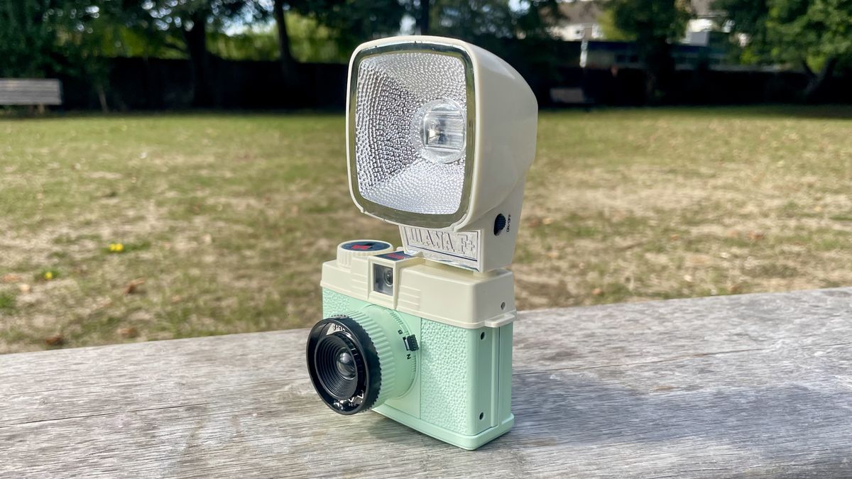 Lomography Lomourette half-frame film camera on a park bench