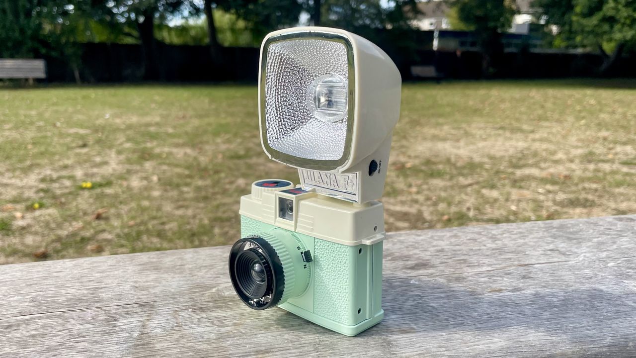Lomography Lomourette half-frame film camera on a park bench