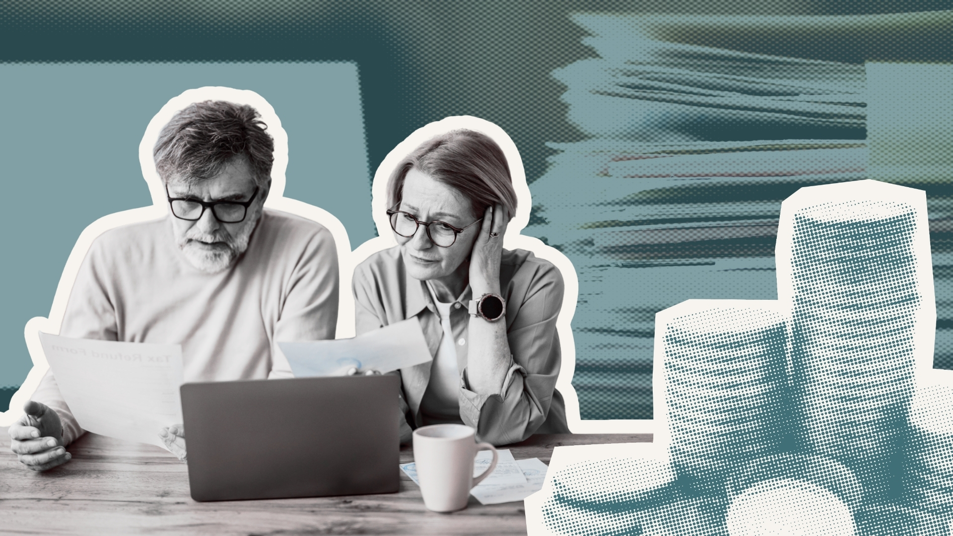 Couple concerned looking at finances on laptop