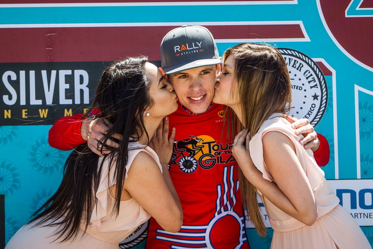 Rally Cycling's Matteo Dal-Cin in the red leader's jersey after winning stage 1 at Tour of the Gila.