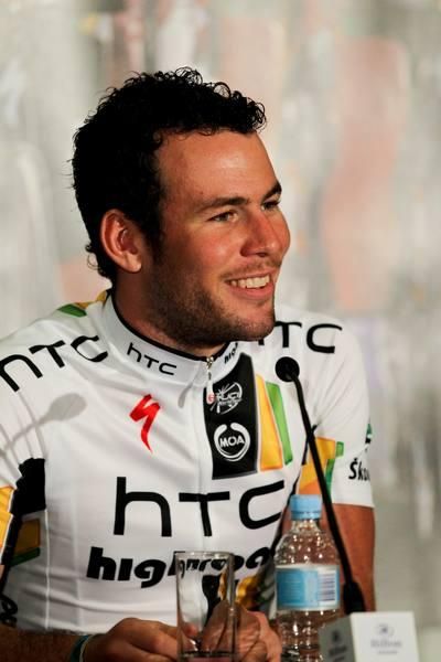 Mark Cavendish talks during his press conference.
