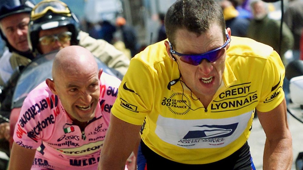 Marco Pantani and Lance Armstrong on the way to the summit of Mount Ventoux during the 2000 Tour de France