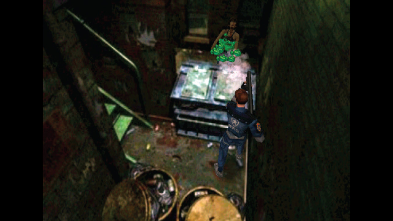 Leon Kennedy shotguns a zombie in Resident Evil 2 for the Nintendo 64 across a dumpster
