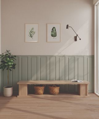 A hallway with beadboard wall panelling and a bench