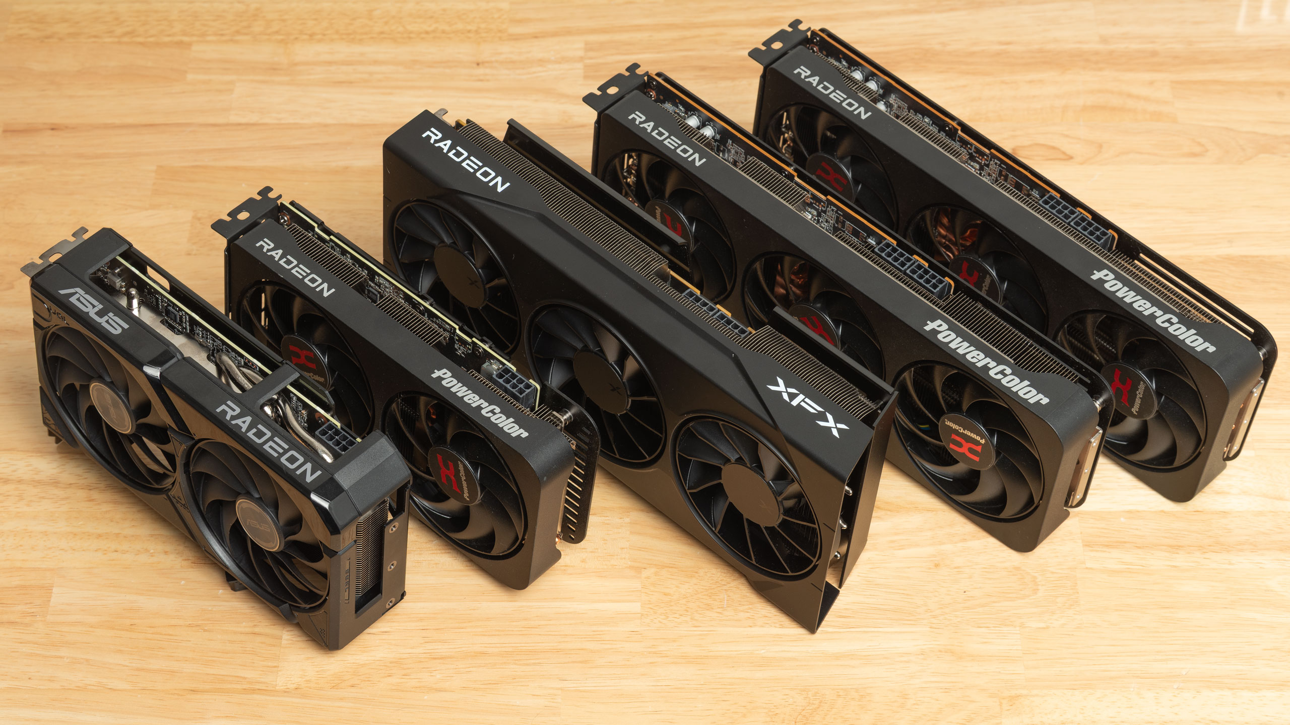 A group of RDNA 4 Radeon cards