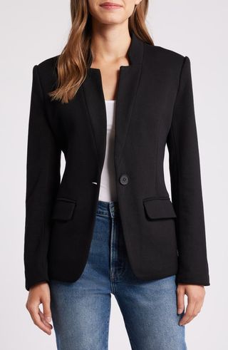 Inverted Notch Collar Cotton Blend Knit Blazer