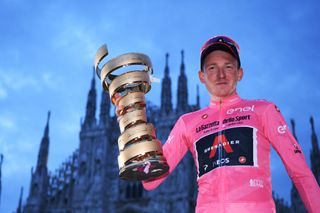 MILANO ITALY OCTOBER 25 Podium Tao Geoghegan Hart of The United Kingdom and Team INEOS Grenadiers Pink Leader Jersey Celebration Trofeo Senza Fine Trophy Duomo di Milano Milan Cathedral during the 103rd Giro dItalia 2020 Stage 21 a 157km Individual time trial from Cernusco sul Naviglio to Milano ITT girodiitalia Giro on October 25 2020 in Milano Italy Photo by Tim de WaeleGetty Images