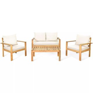 Wooden patio set with a loveseat, two chairs and a table