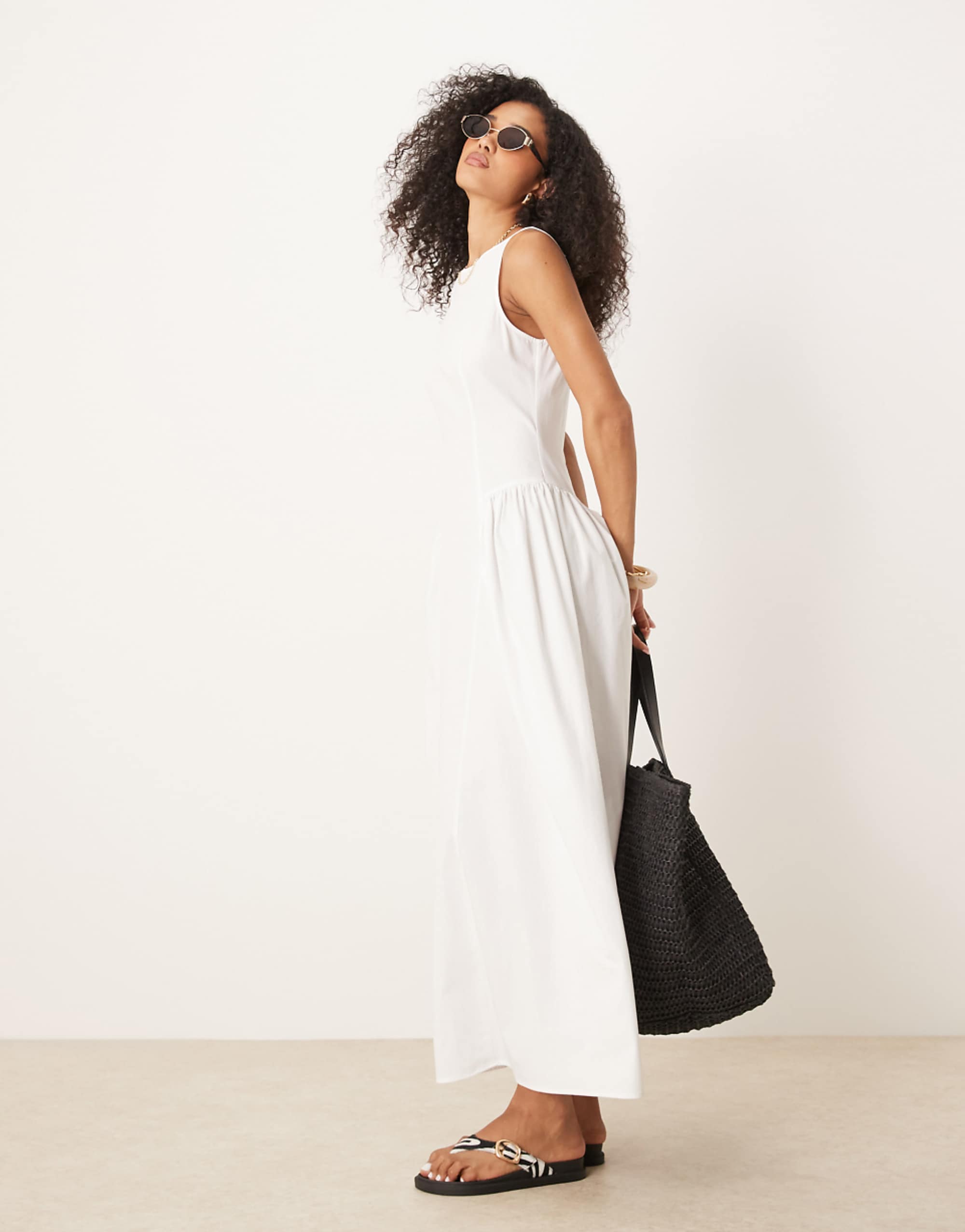 Asos Design Slash Neck Waisted Midi Dress in White