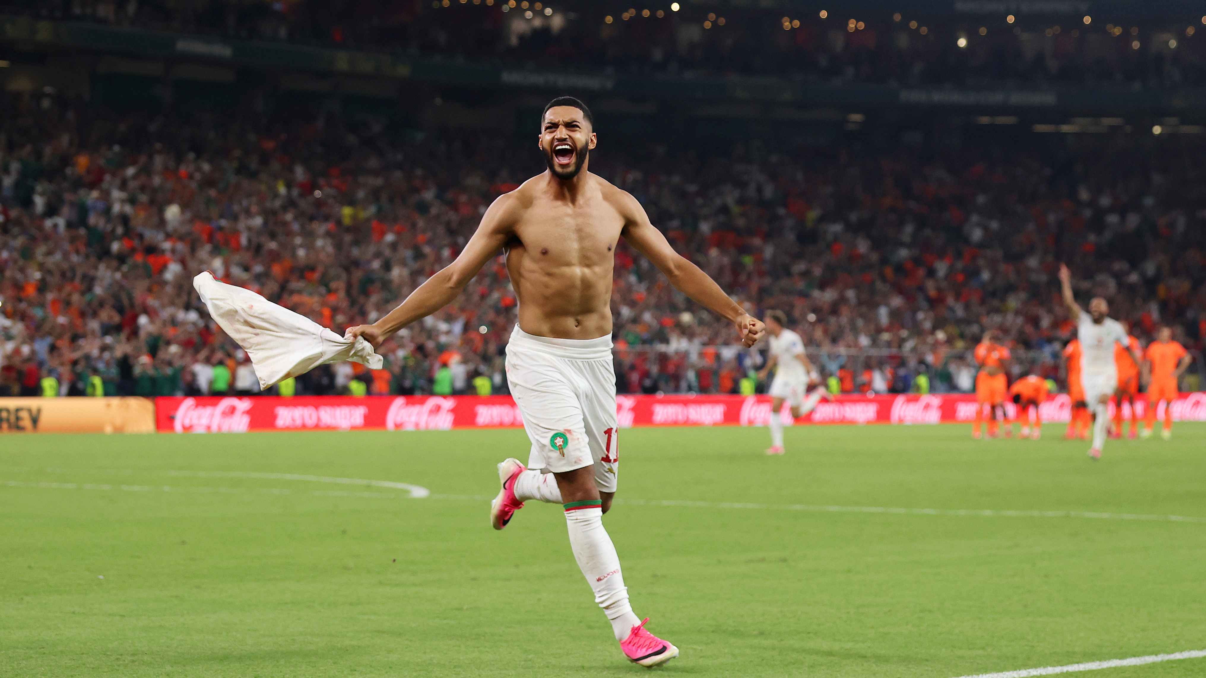 Ismael Saibari #11 of Morocco celebrates scoring the team's fifth and winning penalty during hte penalty shootout in the FIFA World Cup 2026 Round of 32 match between Netherlands and Morocco