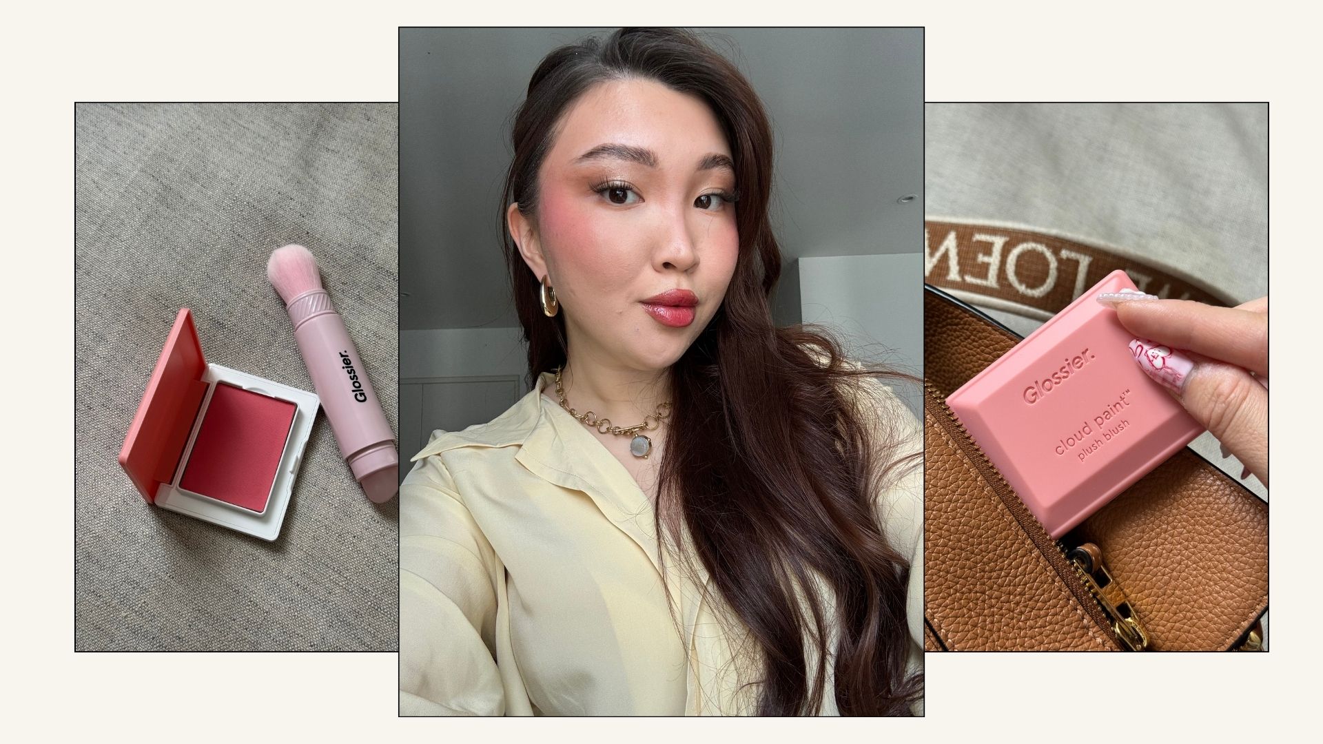 An image showing Denise Primbet testing the new Glossier Cloud Paint Plush Blush