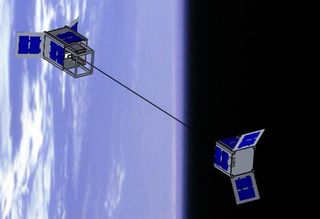 Artist's illustration of the Japanese STARS-Me (Space Tethered Autonomous Robotic Satellite-Mini Elevator) experiment.