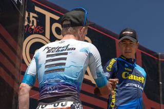 Men's podium, Tyler Stites (Project Echelon racing) congratulates 2nd place Ignaci Prado Juarez (Canel's Zerouno).