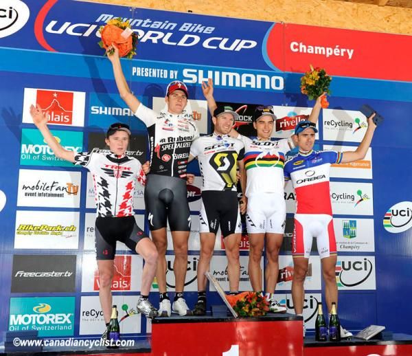 Men's podium: Mathias Fluckiger, Jaroslav Kulhavy, Florian Vogel, Nino Schurter, Julien Absalon.