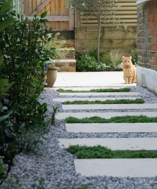 paving with gravel chips and planting creates a permeable path to prevent flooding