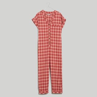 flat lay of madewell flannel pajama jumpsuit in red check