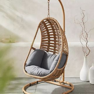 A hanging basket chair