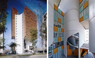 LEFT: Exterior view of Cube1 building with a tall shite structure sandwiched between brown and black bricks. Phorographerd during the day with trees around. RIGHT:A small room in the Cube1 with colourful (orange and, grey and blue) walls