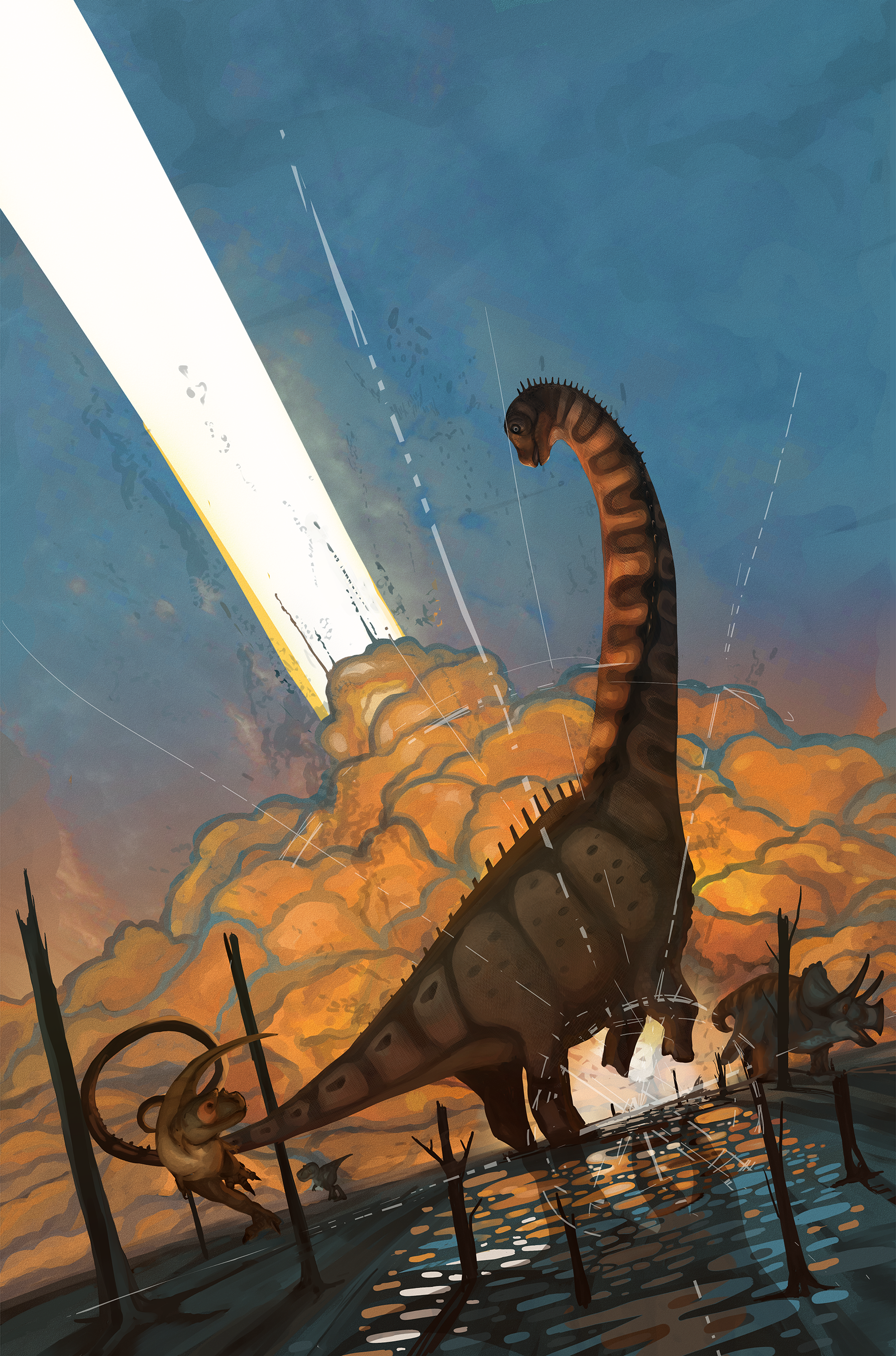 An illustration of Alamosaurus rearing as the dinosaur-ending asteroid struck Earth.