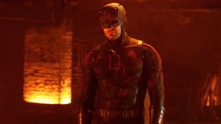 Matt Murdock wearing his Daredevil suit in an underground lair in Daredevil: Born Again season 2 episode 6
