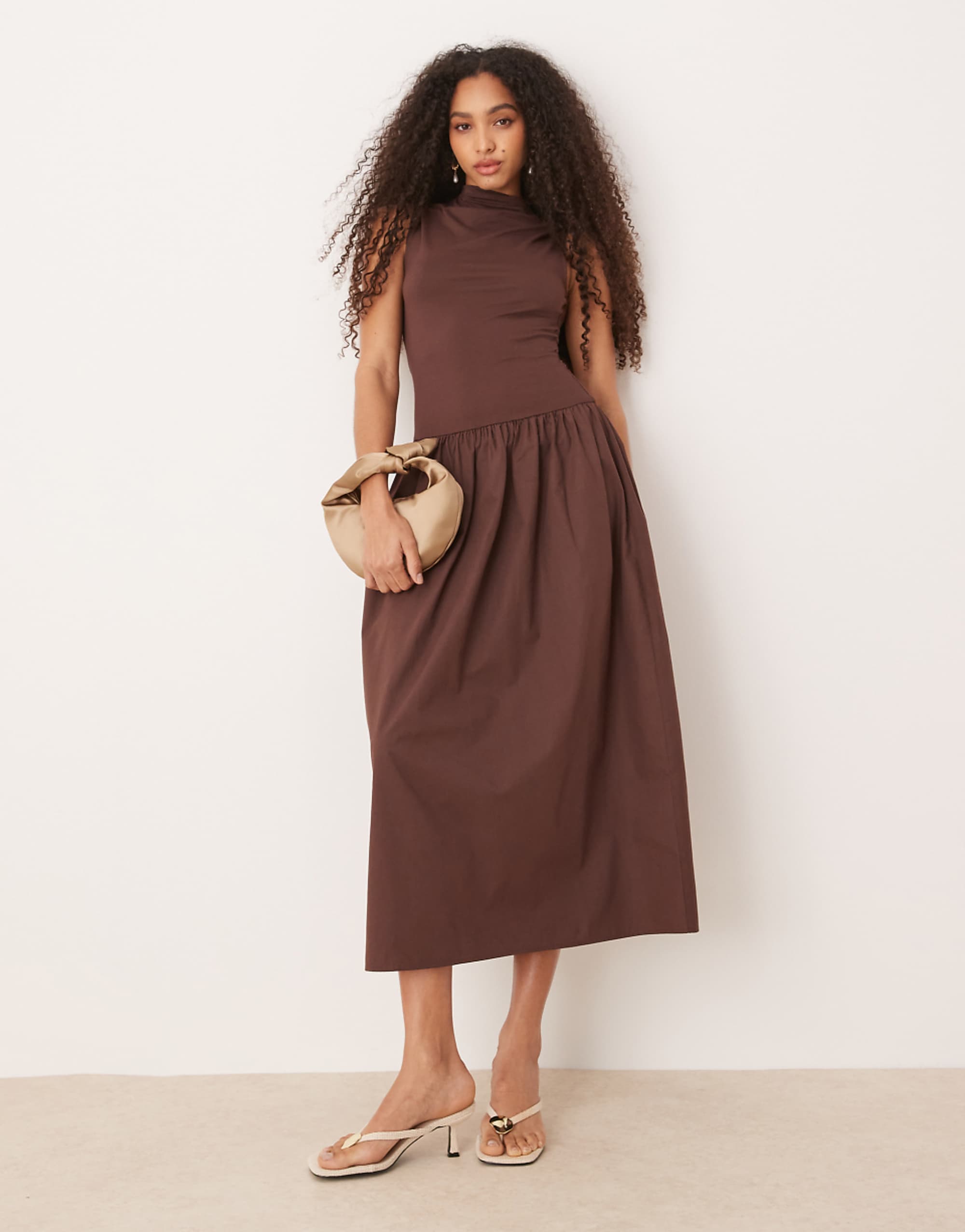 Asos Design Grown on Neck Maxi Dress With Poplin Mix Skirt in Brown