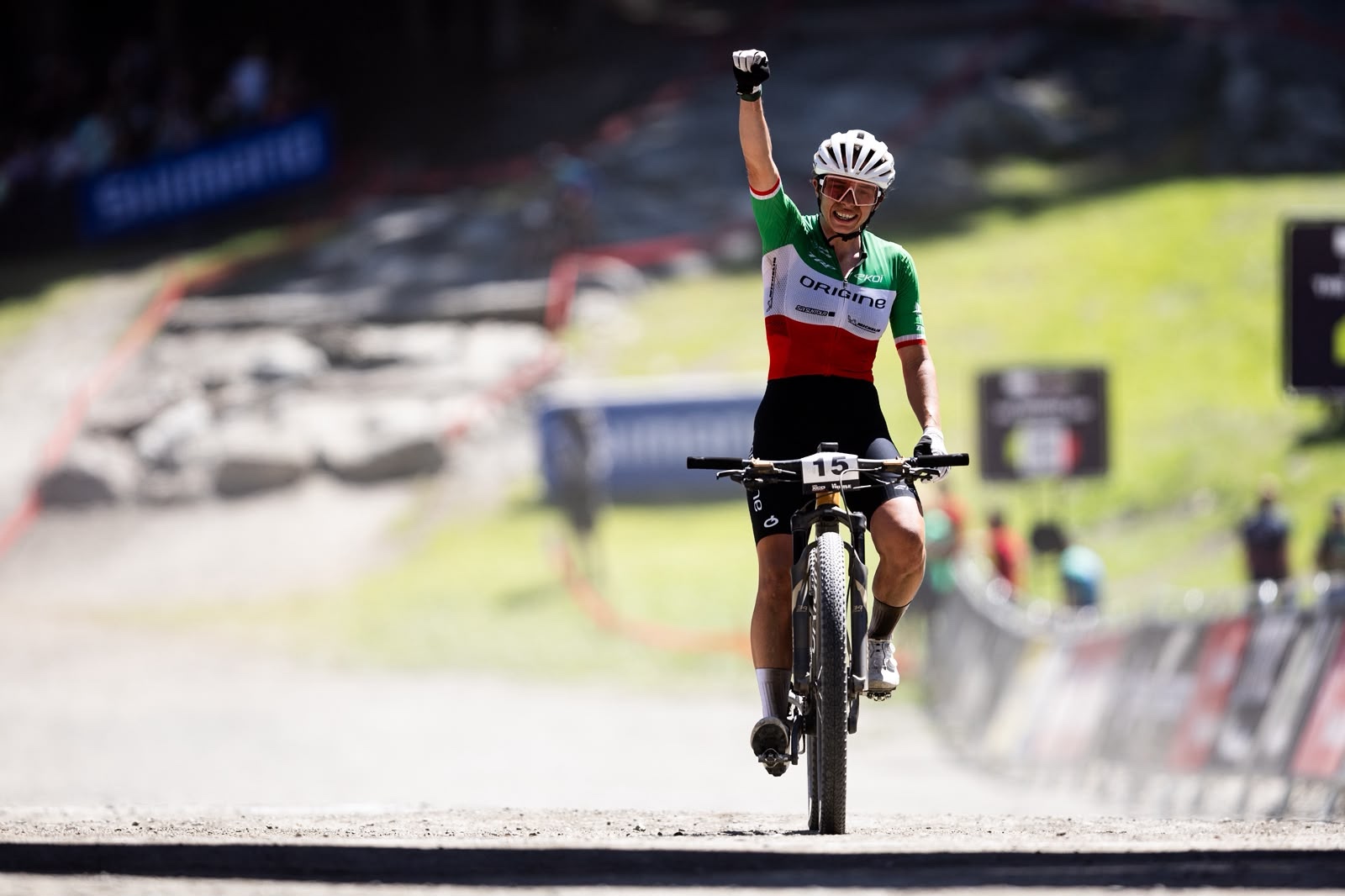 Martina Berta (Origine Racing Division) celebrates home victory at La Thuile in elite women's XCO at the 2026 WHOOP UCI Mountain Bike World Series