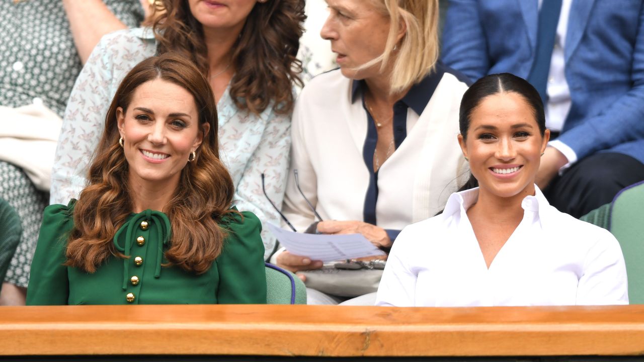 london, england july 13 catherine, duchess of cambridge and meghan, duchess of sussex in the royal box on centre court during day twelve of the wimbledon tennis championships at all england lawn tennis and croquet club on july 13, 2019 in london, england photo by karwai tanggetty images