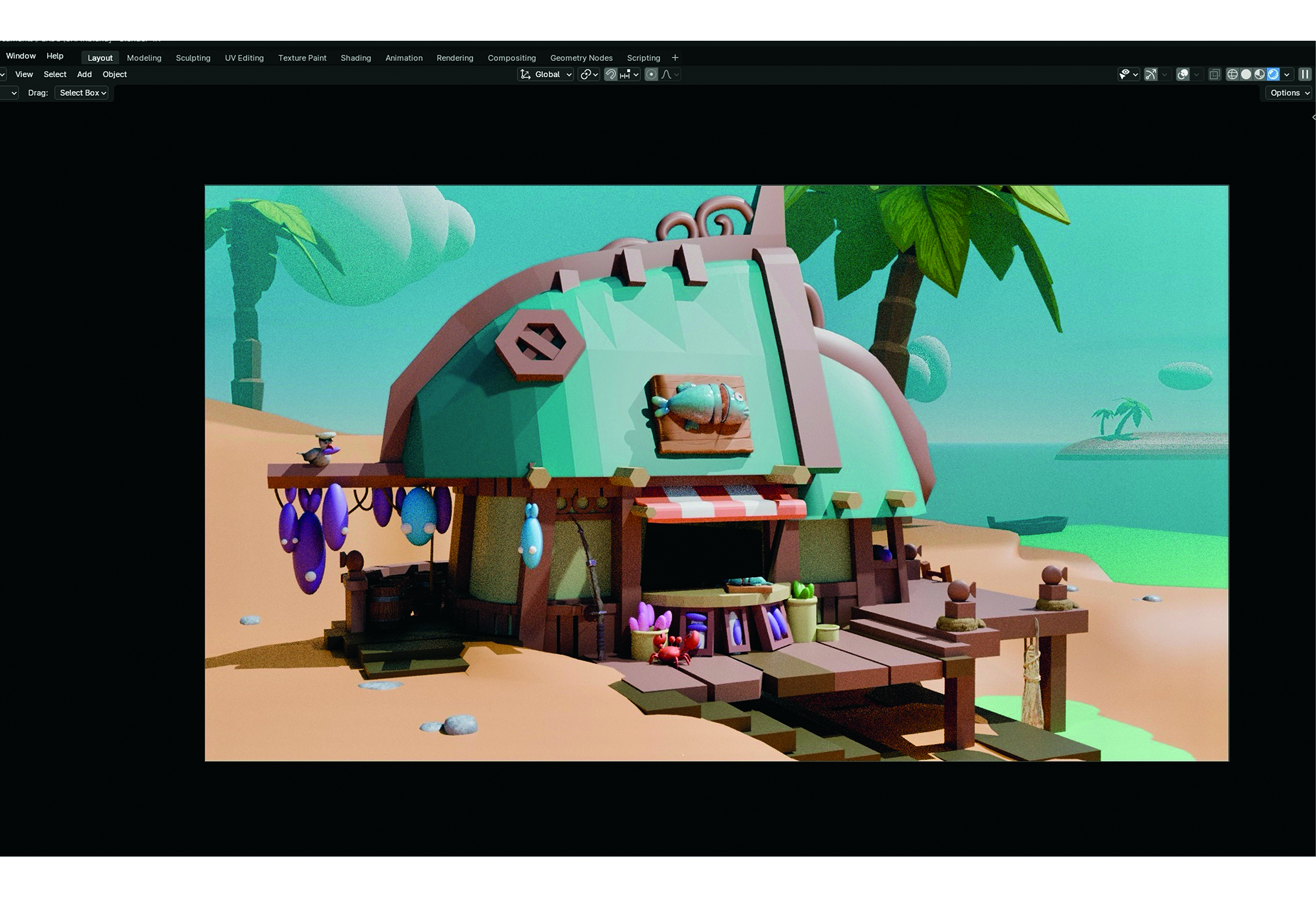 A 3D model of a colourful beach hut