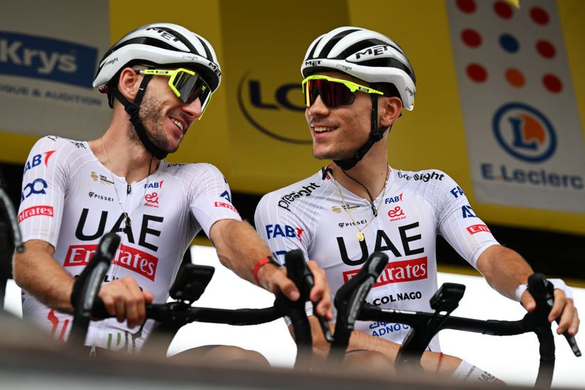 PIACENZA ITALY JULY 01 LR Adam Yates of The United Kingdom and Juan Ayuso of Spain and UAE Team Emirates prior to the 111th Tour de France 2024 Stage 3 a 2308km stage from Piacenza to Torino UCIWT on July 01 2024 in Piacenza Italy Photo by Tim de WaeleGetty Images